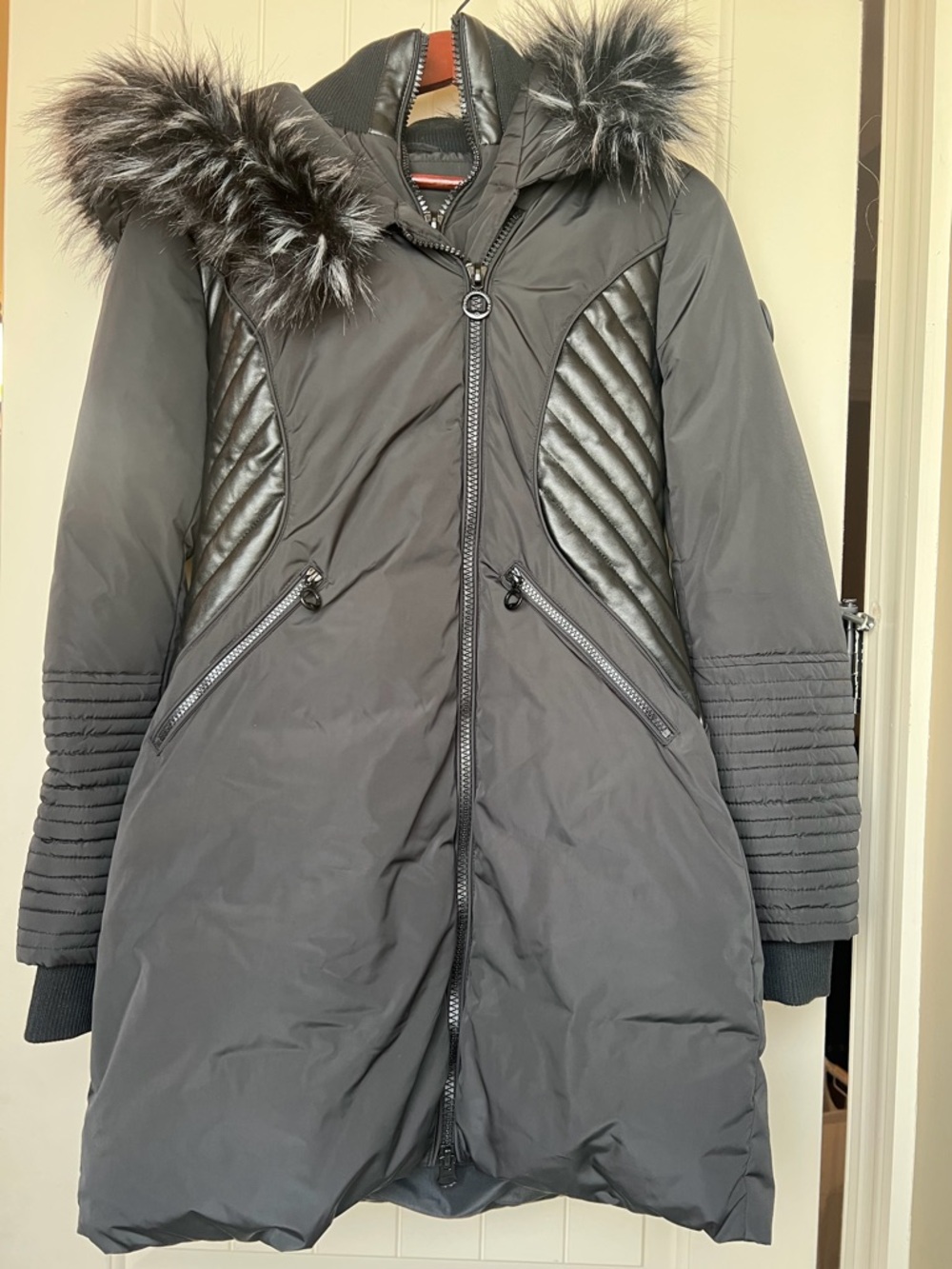 Noize Mid-Length Parka Vegan Leather Faux-Fur Hood Trim Size Small